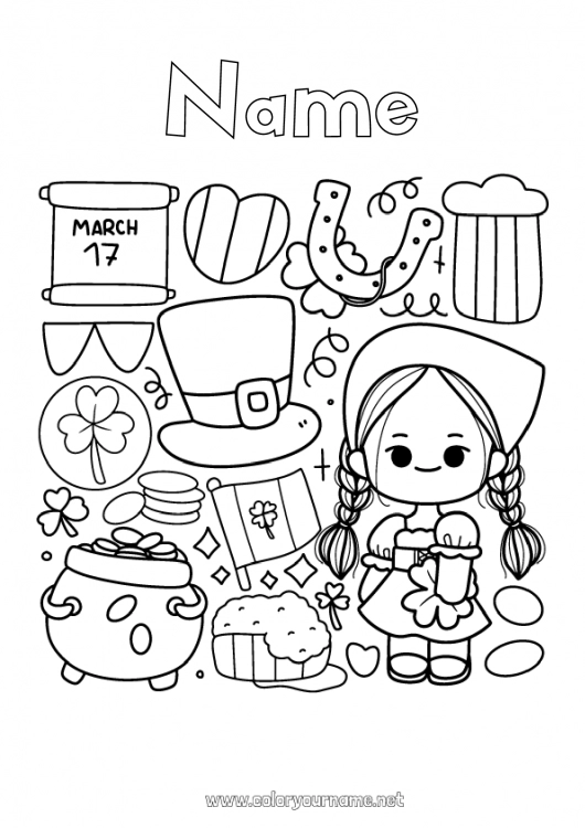 Coloring page to print Luck Clover Ireland Horseshoe Saint Patrick's Day