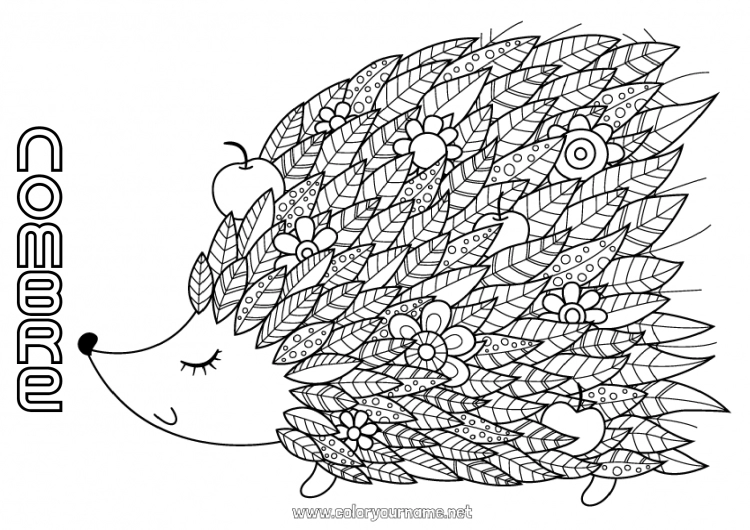 Dibujo para colorear para imprimir Erizo Mandala Otoño Animales Hojas Animales del bosque