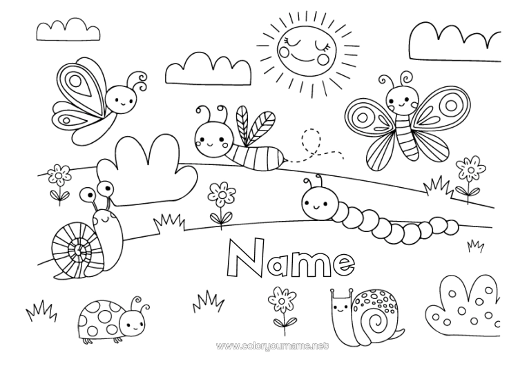 Colouring page to print Cute Spring Sun Butterfly Animal Bee Snail Insects