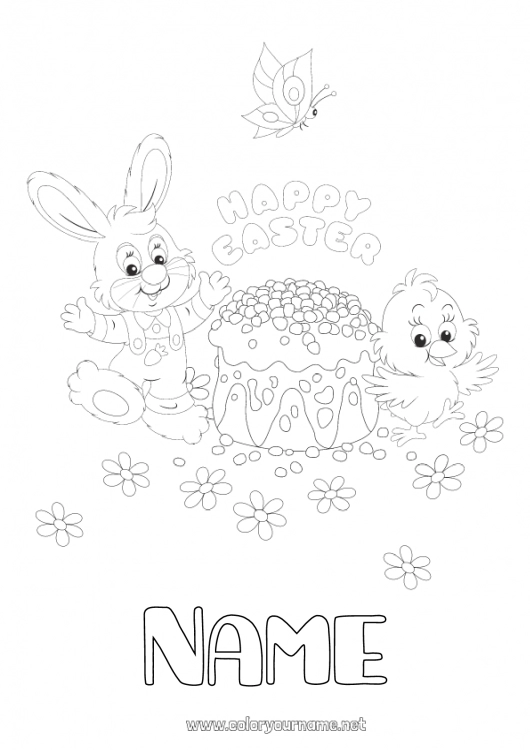 Coloring page to print Cake Spring Chick Bunny Butterfly Animal Easter 