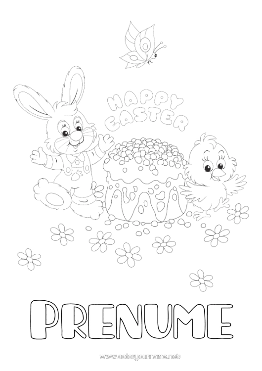 Pagină de colorat de imprimat Tort Primăvară Pui Iepure Fluture Animal Paște 