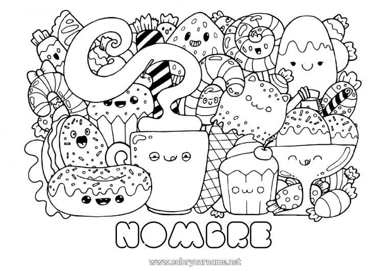 Dibujo para colorear para imprimir Lindo Kawaii Alimento Café Bebidas