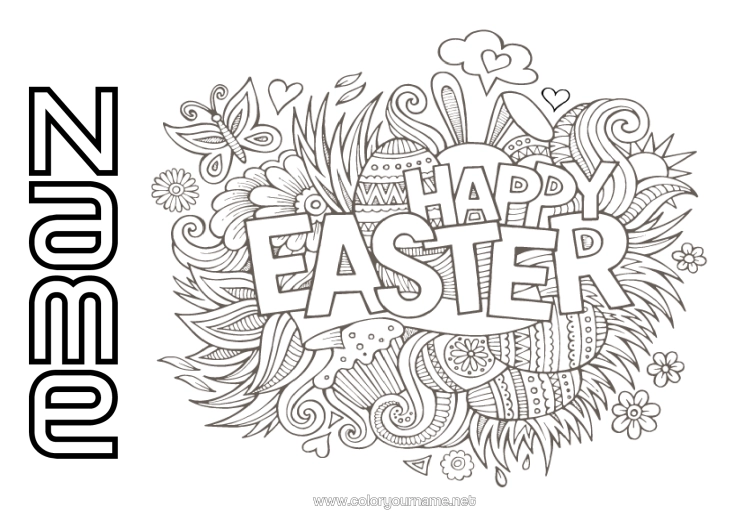 Colouring page to print Mandala Spring Easter Eggs Easter "Happy Easter" Message Complex Colouring Pages