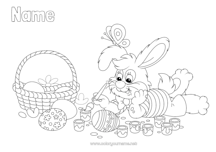 Colouring page to print Spring Rabbit Animal Easter Eggs Easter Basket Forest Animals Easter Painted Eggs