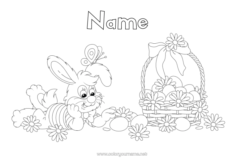 Colouring page to print Flowers Spring Rabbit Butterfly Animal Easter Eggs Easter Basket Insects Forest Animals