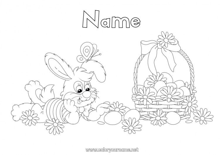 Coloring page to print Flowers Spring Bunny Butterfly Animal Easter eggs Easter Basket Insects Forest animals