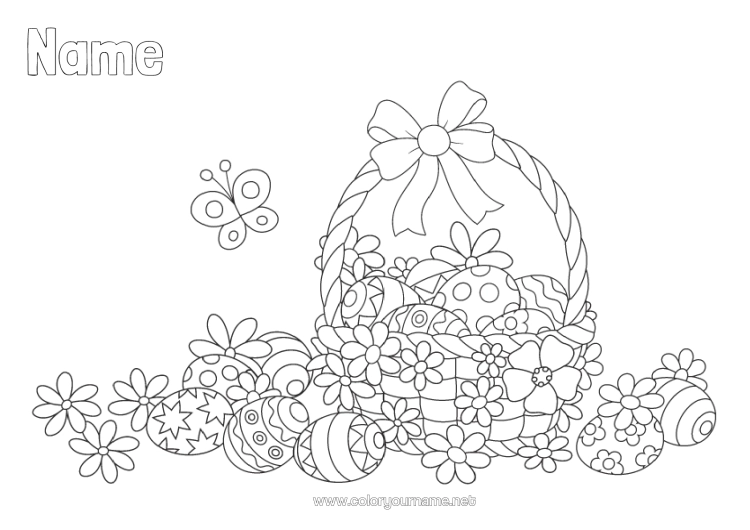 Colouring page to print Flowers Butterfly Easter Eggs Easter Basket Insects
