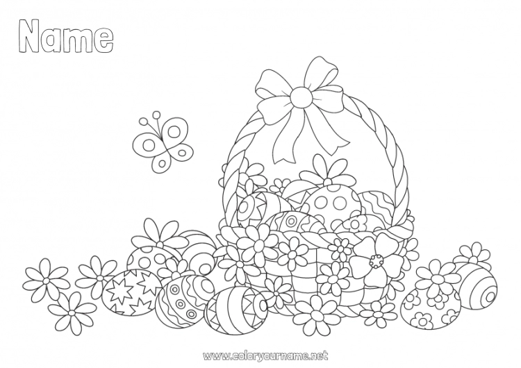 Coloring page to print Flowers Butterfly Easter eggs Easter Basket Insects