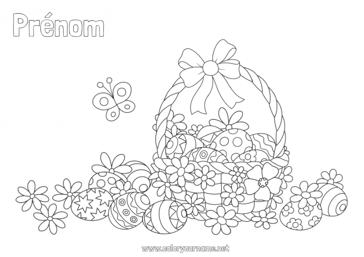 Coloriage à imprimer Fleurs Papillon Oeufs de Pâques Pâques Panier Insectes