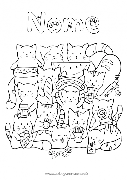 Página de desenho para imprimir Gato Kawaii Comida Animal Cães e gatos