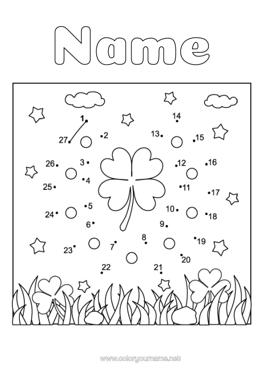 Colouring page to print Children's Activities Connecting Points Fortune Clover Horseshoe St Patrick's Day Connect The Numbers