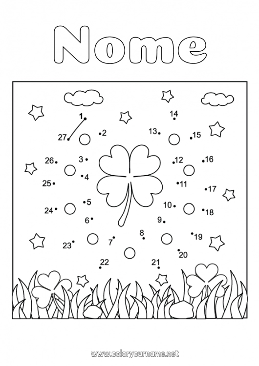 Página de desenho para imprimir Atividades para Crianças Ligando os Pontos Sorte Trevo Ferradura Dia de São Patrício