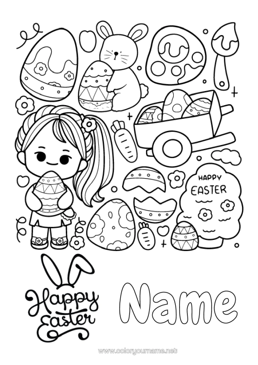 Colouring page to print Cute Girl Easter Eggs Easter "Happy Easter" Message Symbols