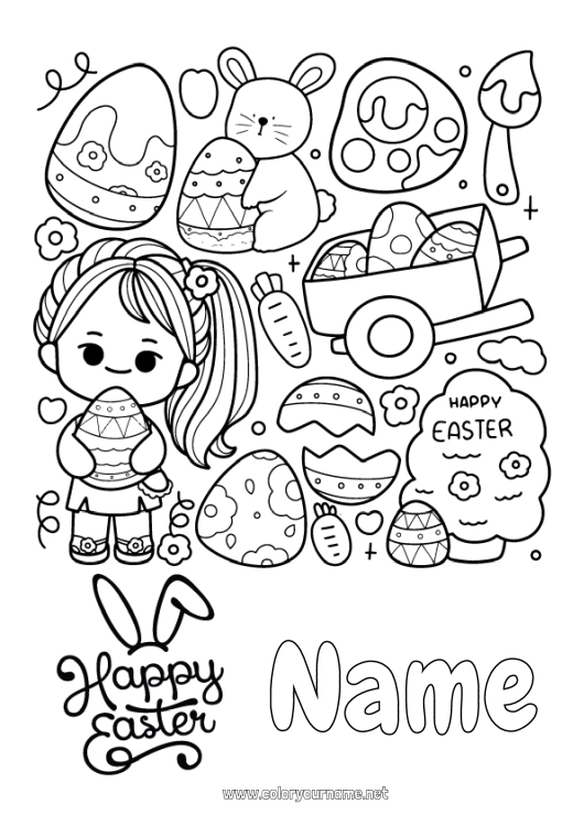 Coloring page to print Kawaii Girl Easter eggs Easter 