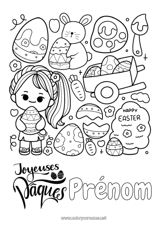 Coloriage n°1283 - Kawaii Fille Oeufs de Pâques