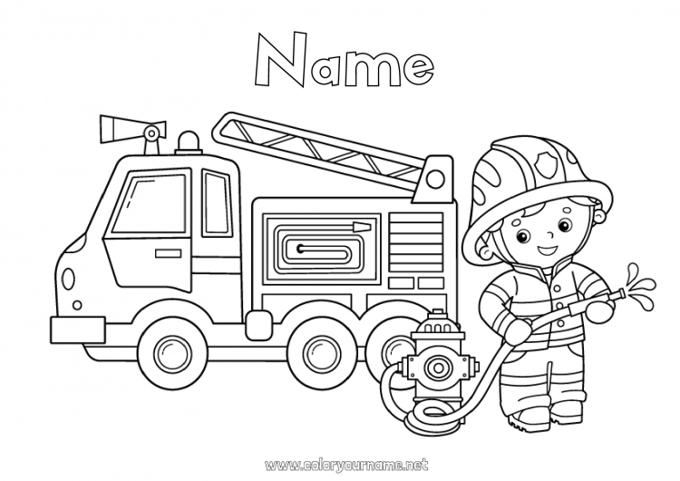 Coloring page to print Truck Fireman firefighter Intermediate coloring pages Fire truck Job Rescue and Emergency Vehicles Trucks and utility vehicles Security Professions