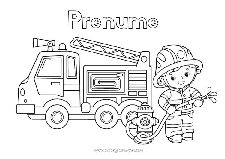 Pagină de colorat de imprimat Camion Vehicule Pompier Colorează intermediare Camion de pompieri Meserie Vehicule de salvare și urgență Camioane și vehicule utilitare Meserii în domeniul securității
