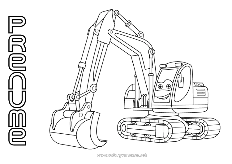 Pagină de colorat de imprimat Vehicule Excavator Utilaje de construcție Meserii de șantier