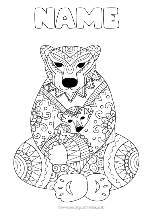 Colouring page to print Bear Mandala Happy Birthday I Love You. Animal Teddy Bear Forest Animals Hug