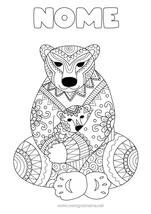 Página de desenho para imprimir Urso Mandala Feliz Aniversário Eu te amo Filhote de urso Animais da floresta