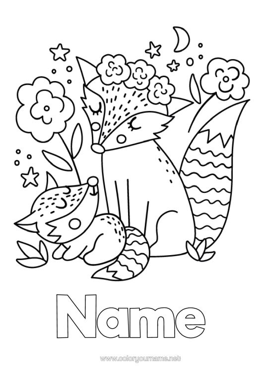 Colouring page to print Mum Grandma Happy Birthday Fox I Love You. Animal Forest Animals