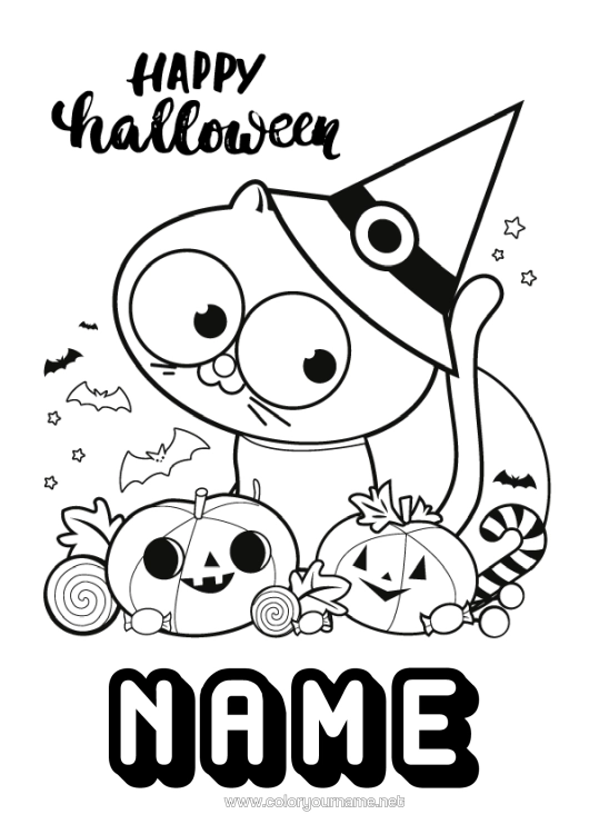 Colouring page to print Bat Pumpkin Black Cat Cute Cat Halloween Dogs And Cats Birds And Flying Mammals Halloween Sign-Up