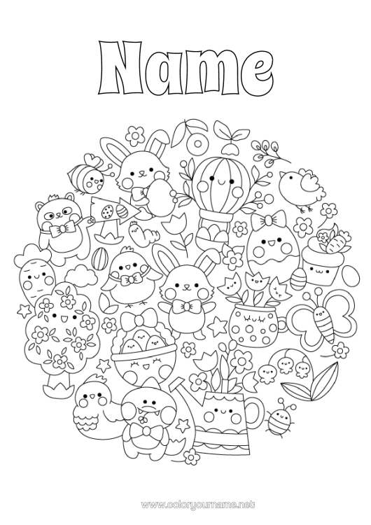 Colouring page to print Mandala Cute Spring Rabbit Easter Eggs Easter Symbols Forest Animals