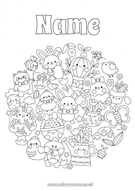 Coloring page to print Mandala Kawaii Spring Bunny Easter eggs Easter Symbols Forest animals