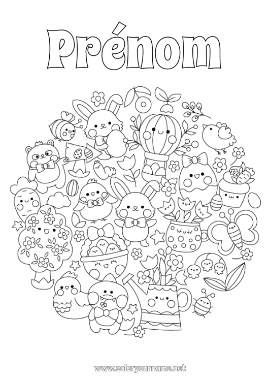 Coloriage à imprimer Mandala Kawaii Printemps Lapin Oeufs de Pâques Pâques Symboles Animaux de la forêt