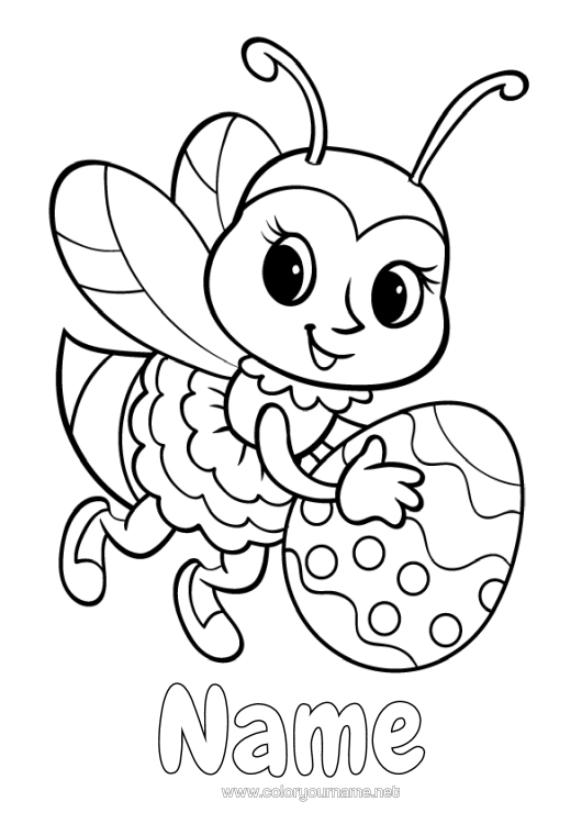 Colouring page to print Cute Animal Bee Easter Eggs Easter Insects