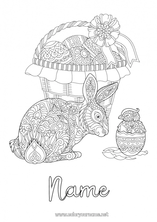 Coloring page to print Mandala Bunny Easter eggs Easter Basket Complex coloring pages Forest animals