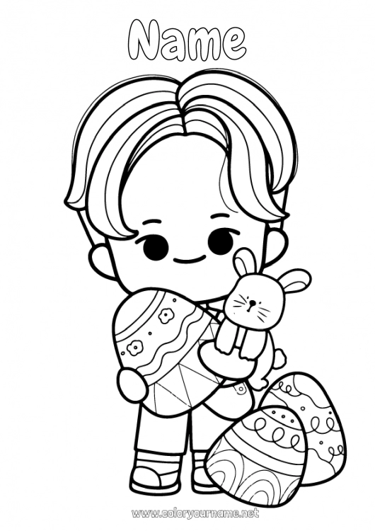 Coloring page to print Kawaii Boy Easter eggs Easter Games and toys Plush