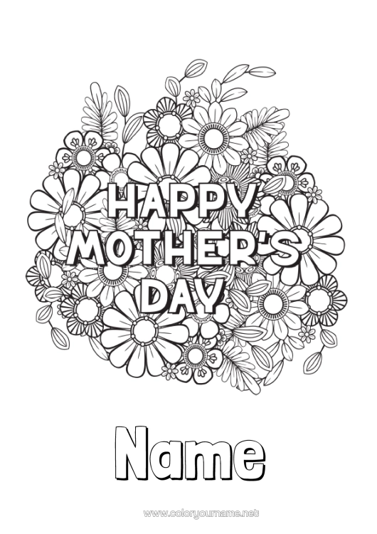 Colouring page to print Flowers Mum Happy Birthday