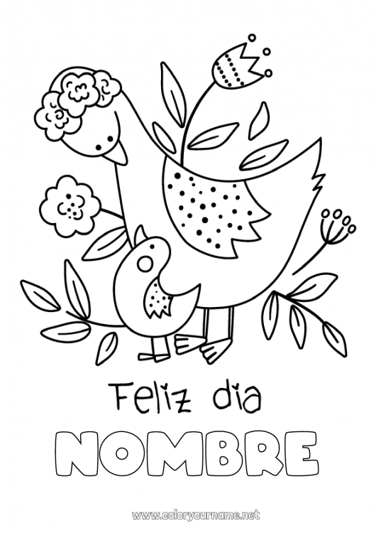 Dibujo para colorear para imprimir Mamá Abuela Feliz día de fiesta Pájaro Animales Aves y mamíferos voladores