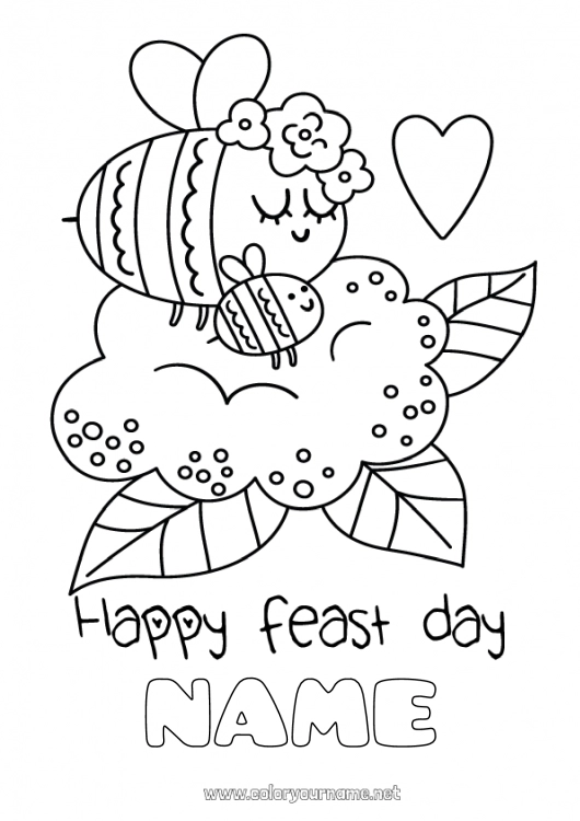 Coloring page to print Flowers Mum Grandma Happy feast day ! Bee Insects