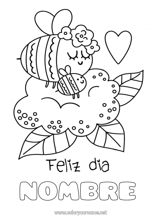 Dibujo para colorear para imprimir Flores Mamá Abuela Feliz día de fiesta Abeja Insectos