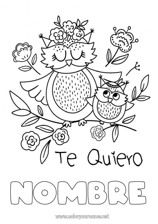 Dibujo para colorear para imprimir Mamá Abuela Feliz día de fiesta Te amo Búho Animales Mensaje 