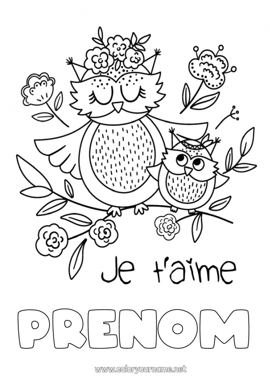 Coloriage à imprimer Maman Mamie Bonne fête Je t'aime Chouette, Hibou Animal 