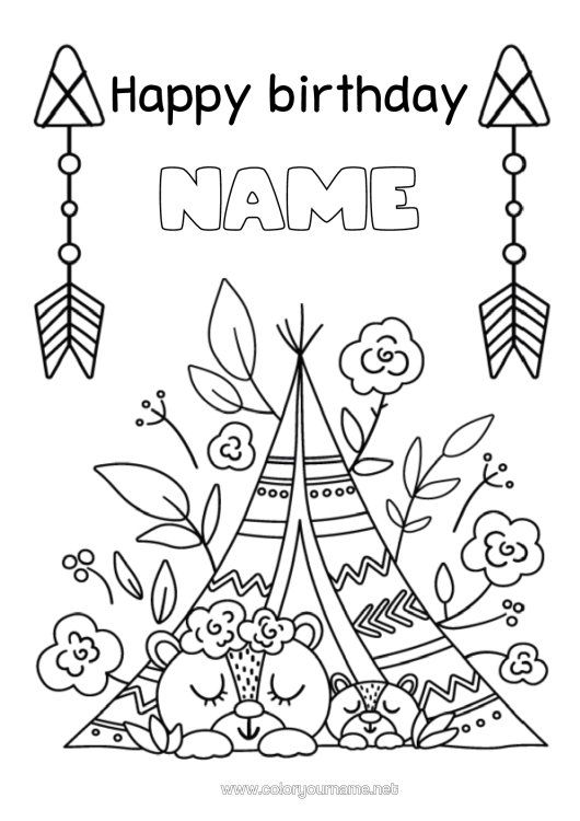 Colouring page to print Bear Mum Grandma Happy Birthday Teddy Bear Forest Animals American Indians Tent Tipi