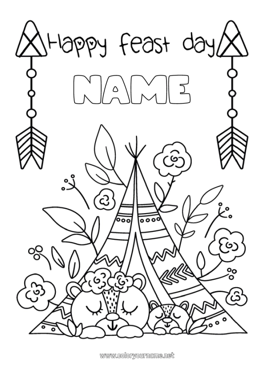 Coloring page to print Bear Mum Grandma Happy feast day ! Teddy Bear Forest animals Native Americans Tent Tipi