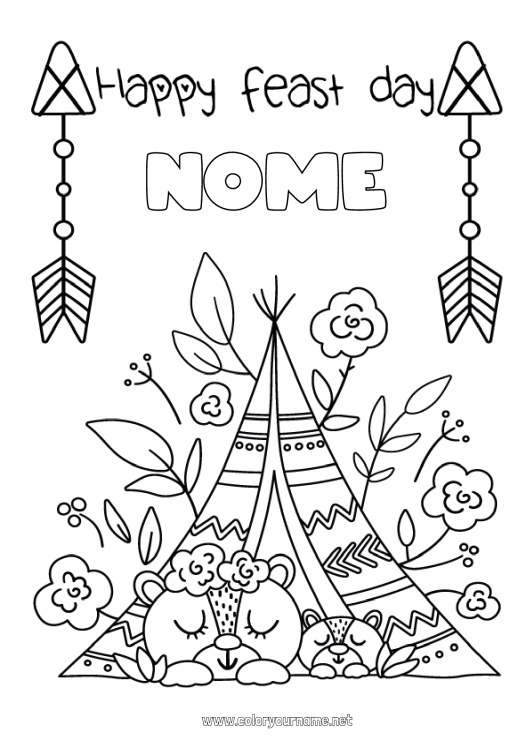 Pagina da colorare da stampare Orso Mamma Nonna Buona festa Orsetto Animali della foresta Indiani d'America Tenda Tipi