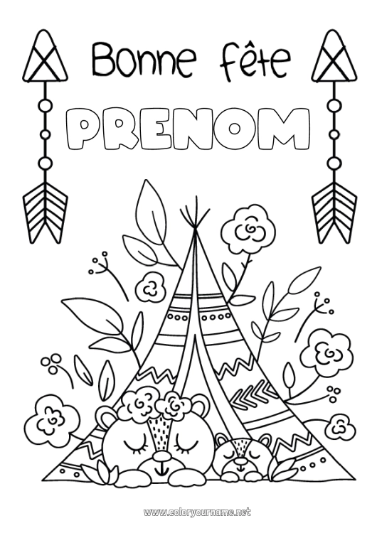 Coloriage à imprimer Ours Maman Mamie Bonne fête Ourson Animaux de la forêt Indiens d'Amérique Tente Tipi