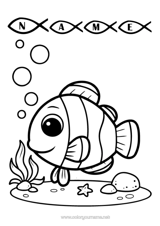 Colouring page to print Summer Sea Animal Fish April Fool's Day Marine Or Aquatic Animals