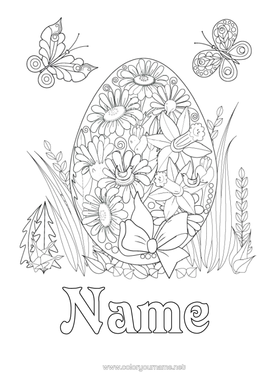 Colouring page to print Flowers Mandala Butterfly Easter Eggs Daffodils Large Easter Egg Complex Colouring Pages Insects