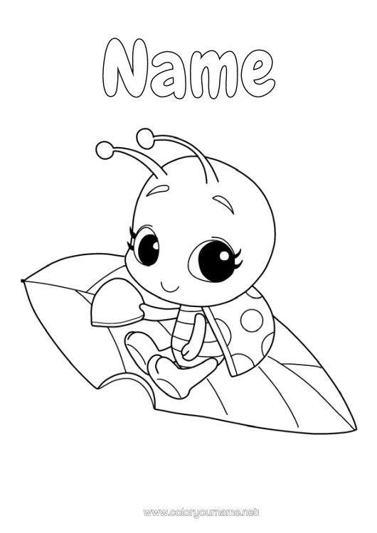 Colouring page to print Animal Leaves Ladybird Insects Cartoon