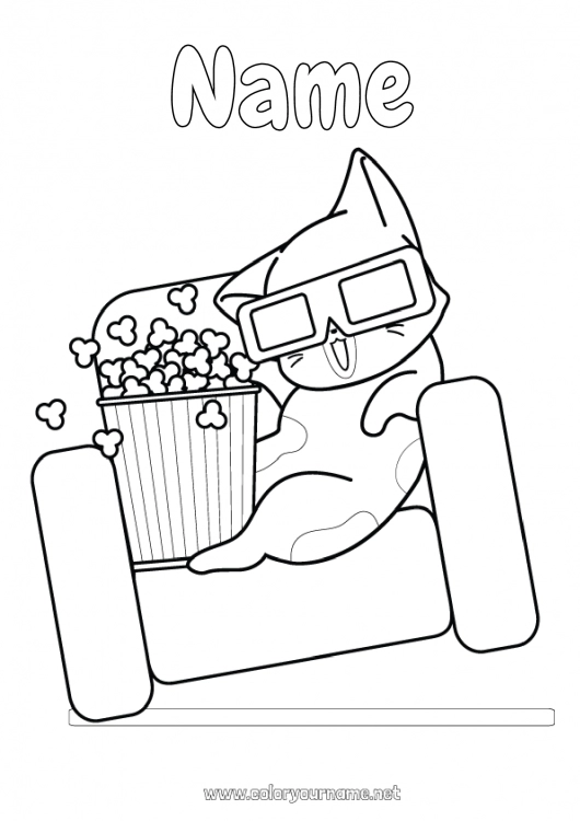 Coloring page to print Cat Food Animal Movie theater Popcorn Treats Dog and cat