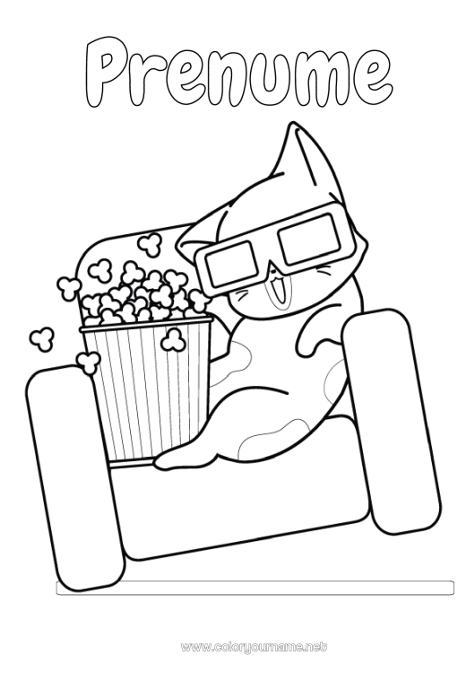 Pagină de colorat de imprimat Pisică Mâncare Animal Cinema Popcorn Dulciuri, bunătăți Câini și pisici