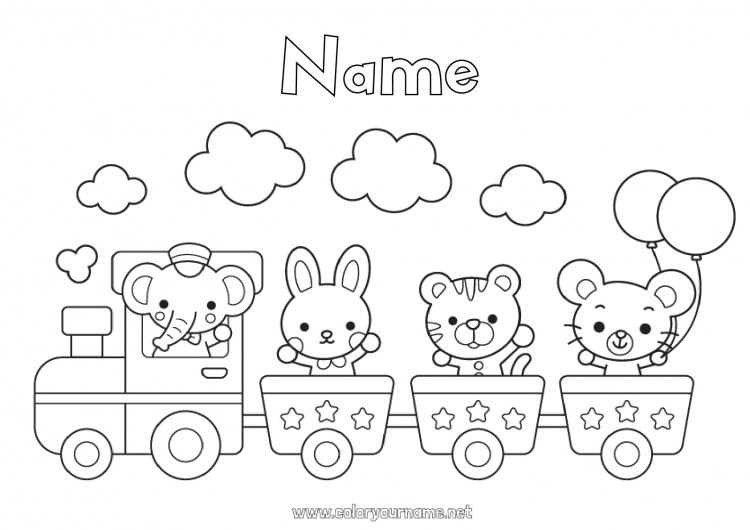 Coloring page to print Bear Kawaii Elephant Mouse Bunny Vehicles Animal Train Farm animals Wild animals of Africa Forest animals Ground public transport