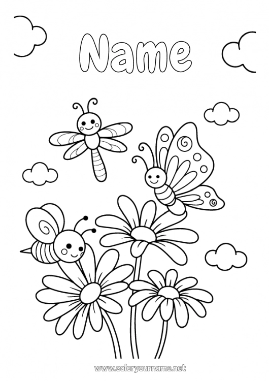 Coloring page to print Cute Flowers Spring Butterfly Bee Daisy Easy coloring pages Insects Dragonfly