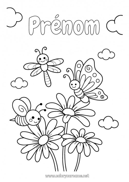 Coloriage à imprimer Mignon Fleurs Printemps Papillon Abeille Marguerite Coloriages faciles Insectes Libellule